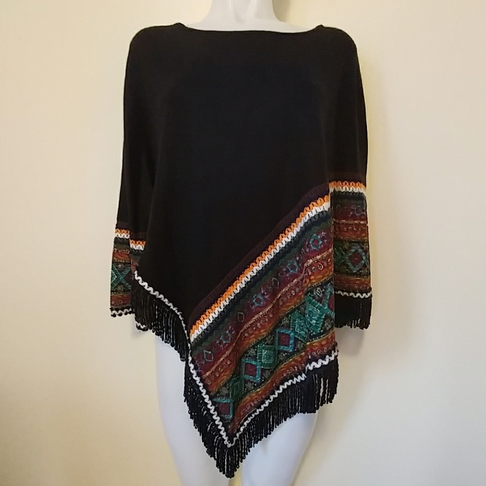 Adore Black Sweater Poncho with Multicolor Aztec Trim